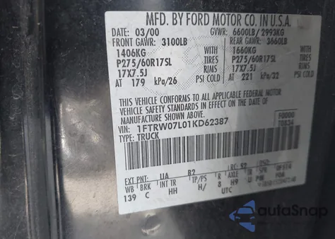 2001 Ford F-150 Harley-Davidson Edition/King Ranch Edition/Lariat/Xlt from USA, damaged, VIN 1FTRW07L01KD62387